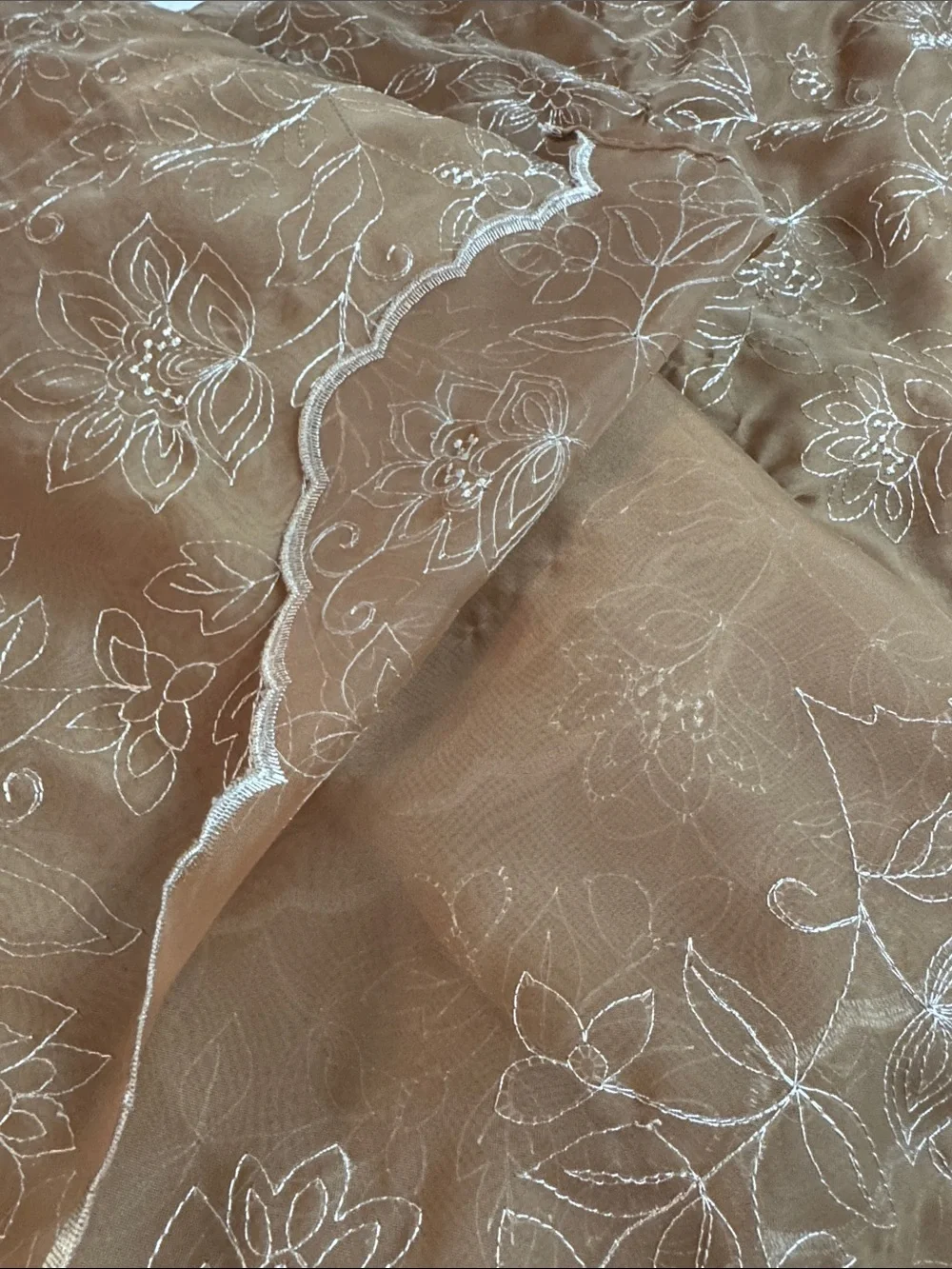 Embroidered Scallop Hem Brown Sheer Overlay Valence pair